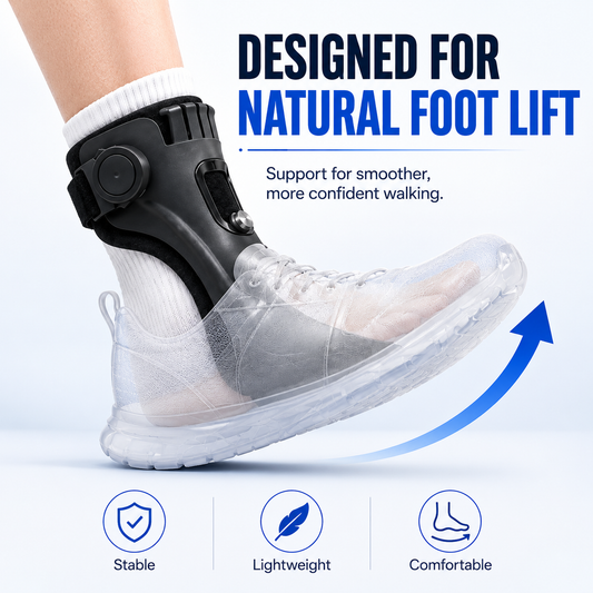 OLORAZ Foot Drop Brace worn inside a sneaker, supporting natural foot lift