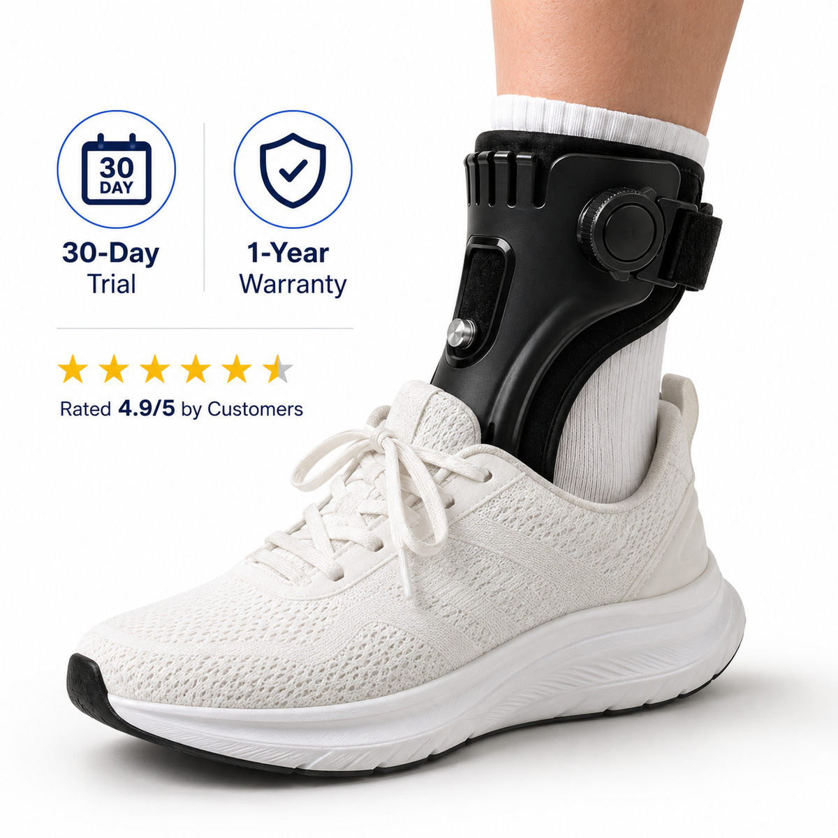 OLORAZ Foot Drop Brace worn with a white sneaker, showing 30-day trial and 1-year warranty