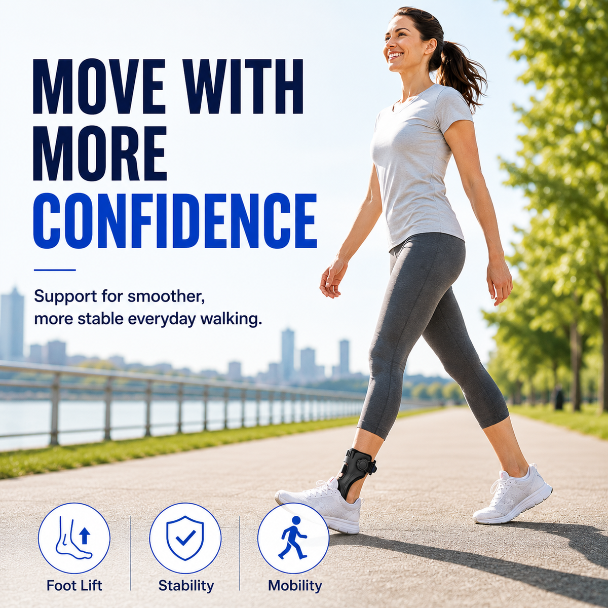 Woman walking outdoors comfortably while wearing the OLORAZ Foot Drop Brace