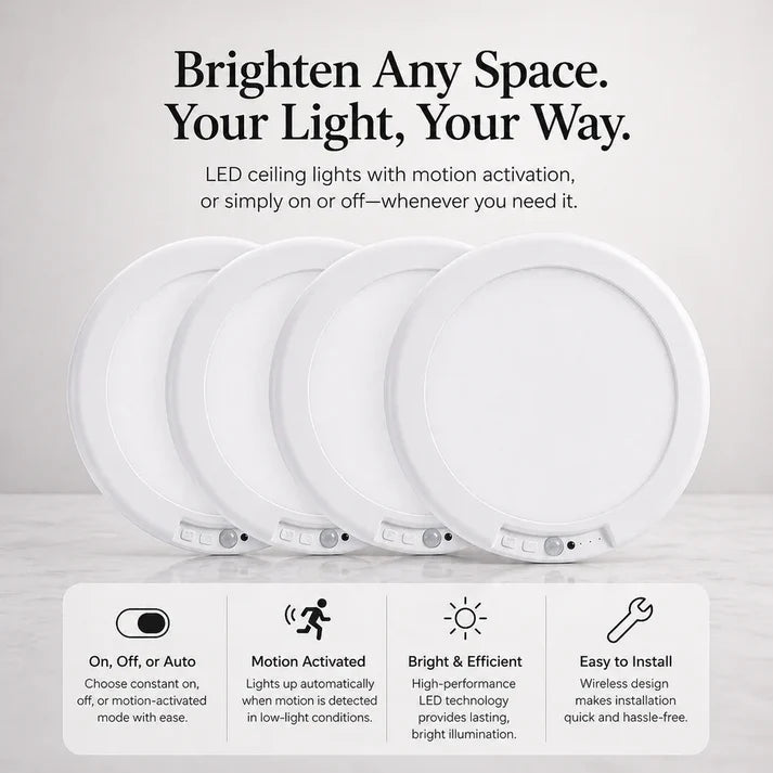 OLORAZ™ Wireless Motion Sensor Ceiling Light – No Wiring, Rechargeable