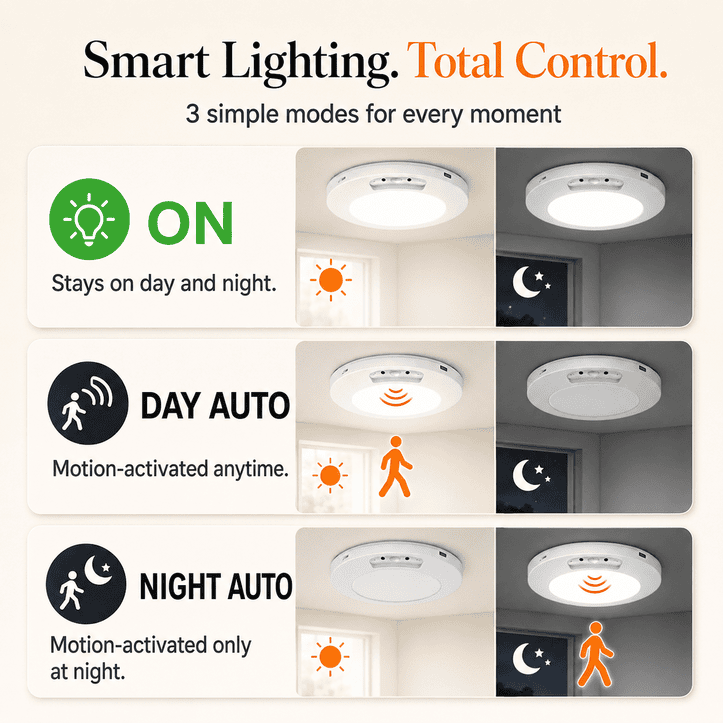 OLORAZ™ Wireless Motion Sensor Ceiling Light – No Wiring, Rechargeable