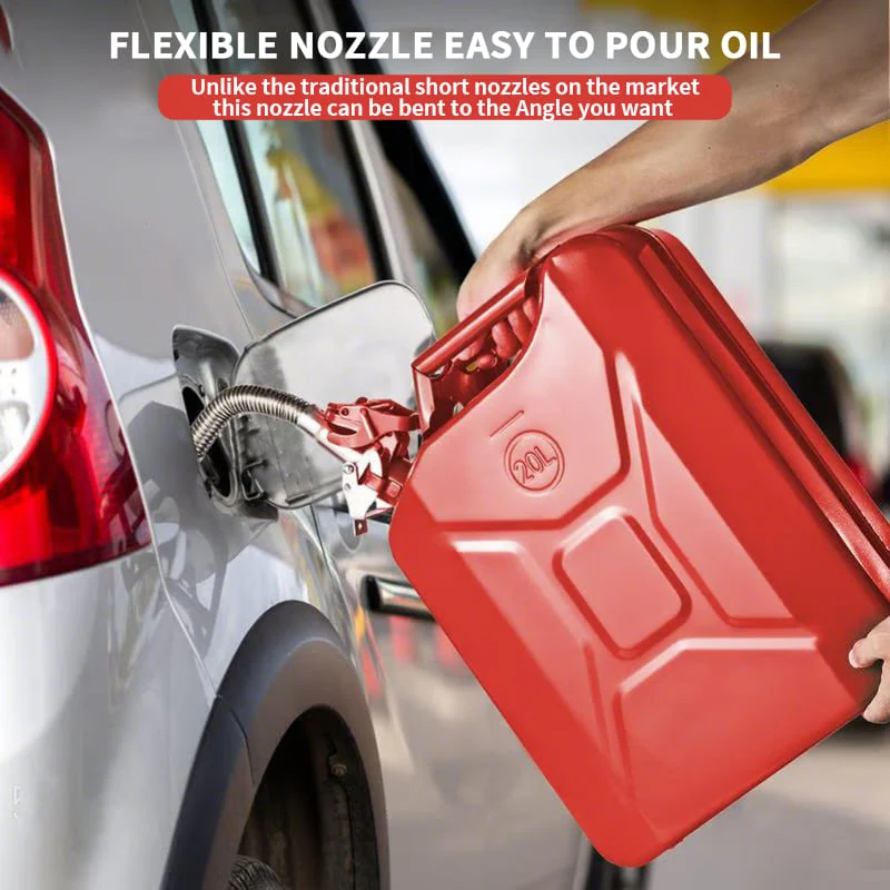 Flexible stainless steel spout pouring fuel from a jerry can into a car
