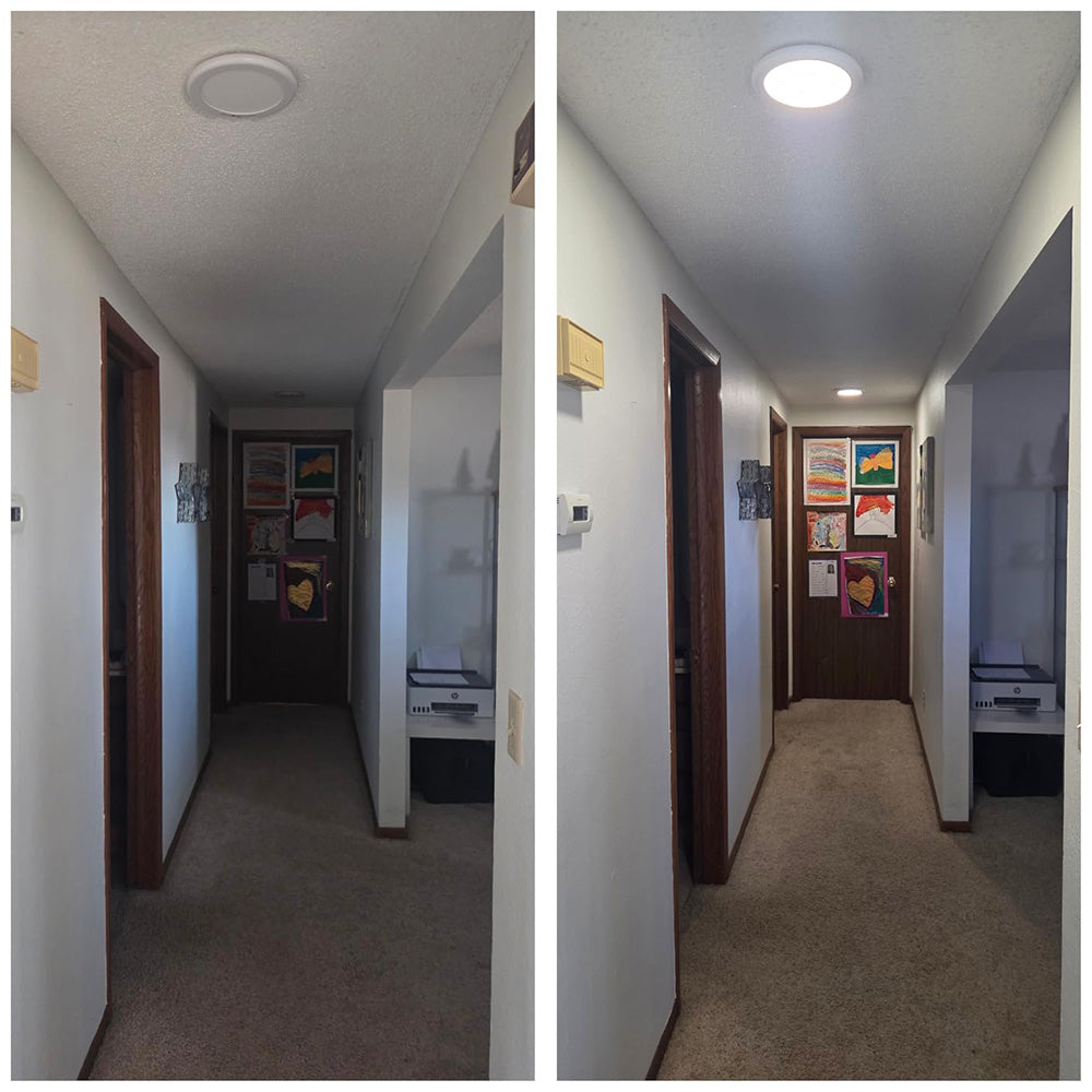 Hallway before and after: round ceiling sensor light off, then lit