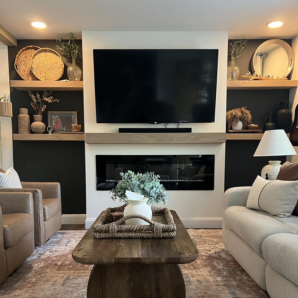 Living room with round ceiling lights glowing warm white